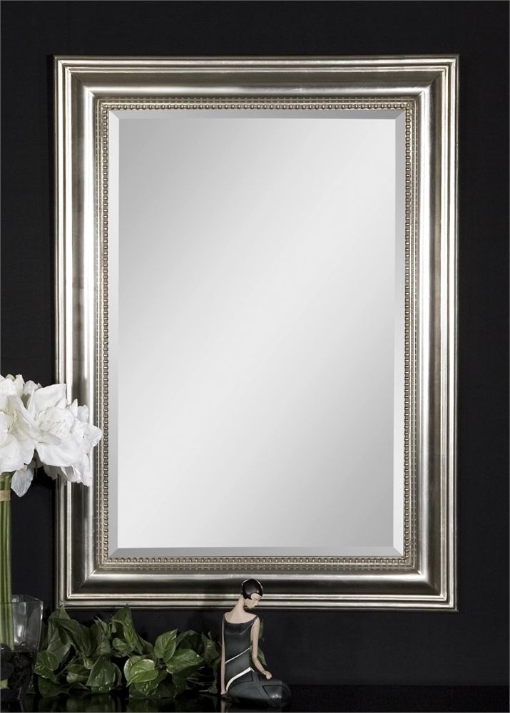 Beaded Silver Leaf Rectangular Beveled Wall Mirror Large 37" Bathroom In Silver Asymmetrical Wall Mirrors (View 11 of 15)
