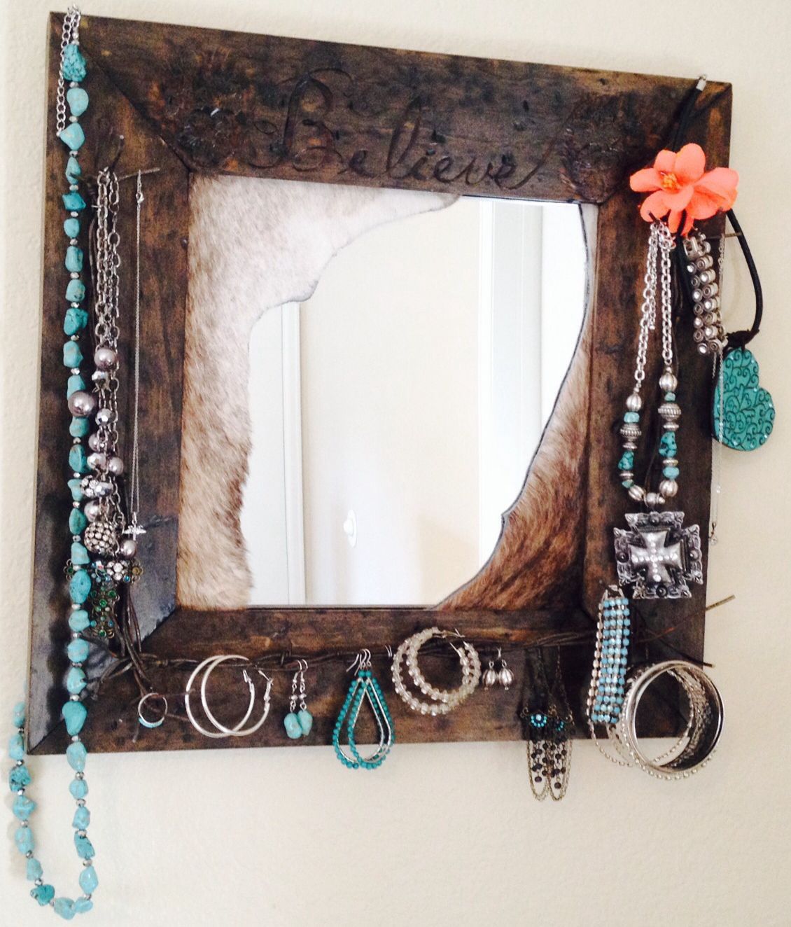Beautiful "Believe" Mirror With Jewelry Hanging On It | Jewelry Mirror Throughout Western Wall Mirrors (View 5 of 15)