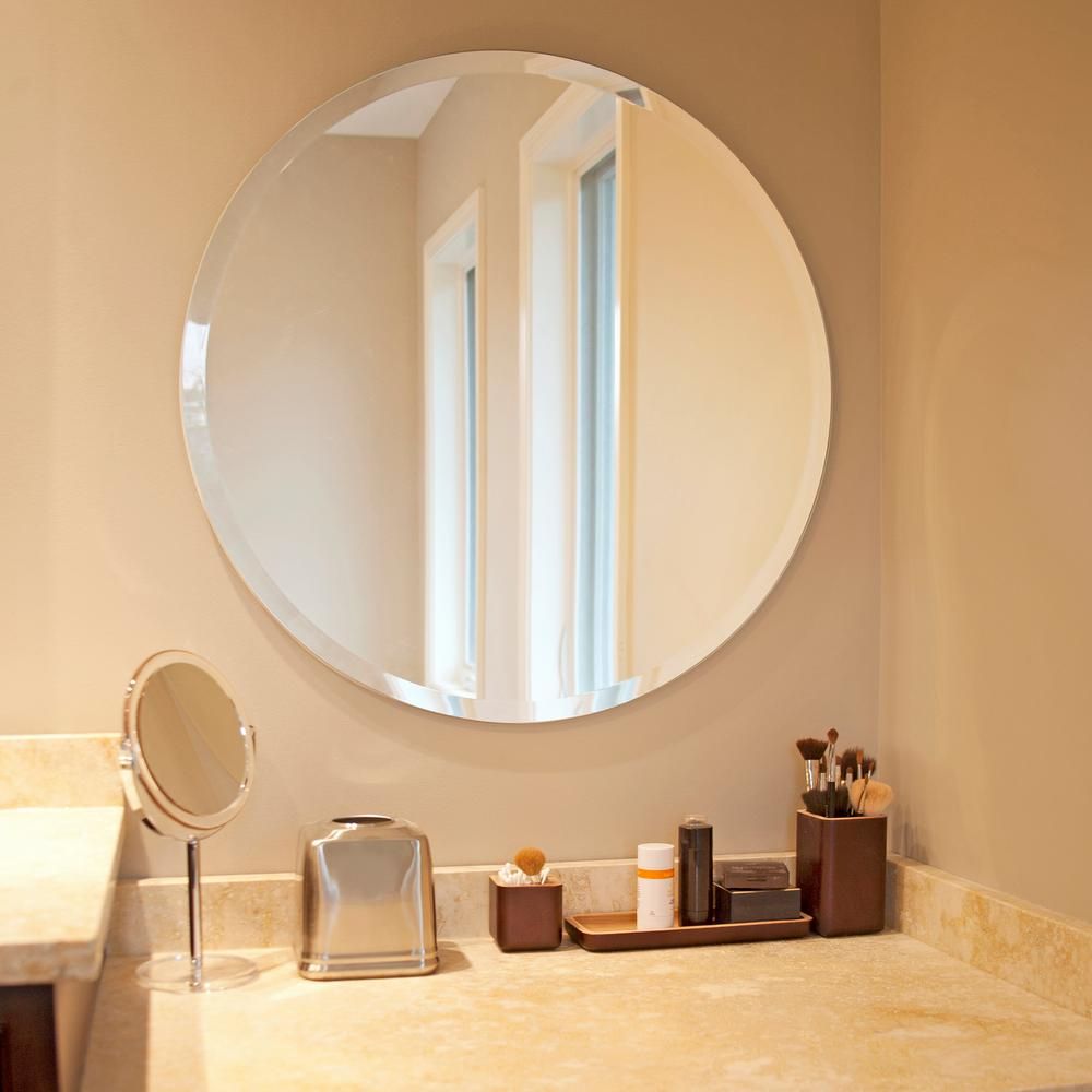 Beautiful Round Frameless Mirror 28Inx28In Bevel Accenting Edge Pertaining To Frameless Round Beveled Wall Mirrors (View 3 of 15)