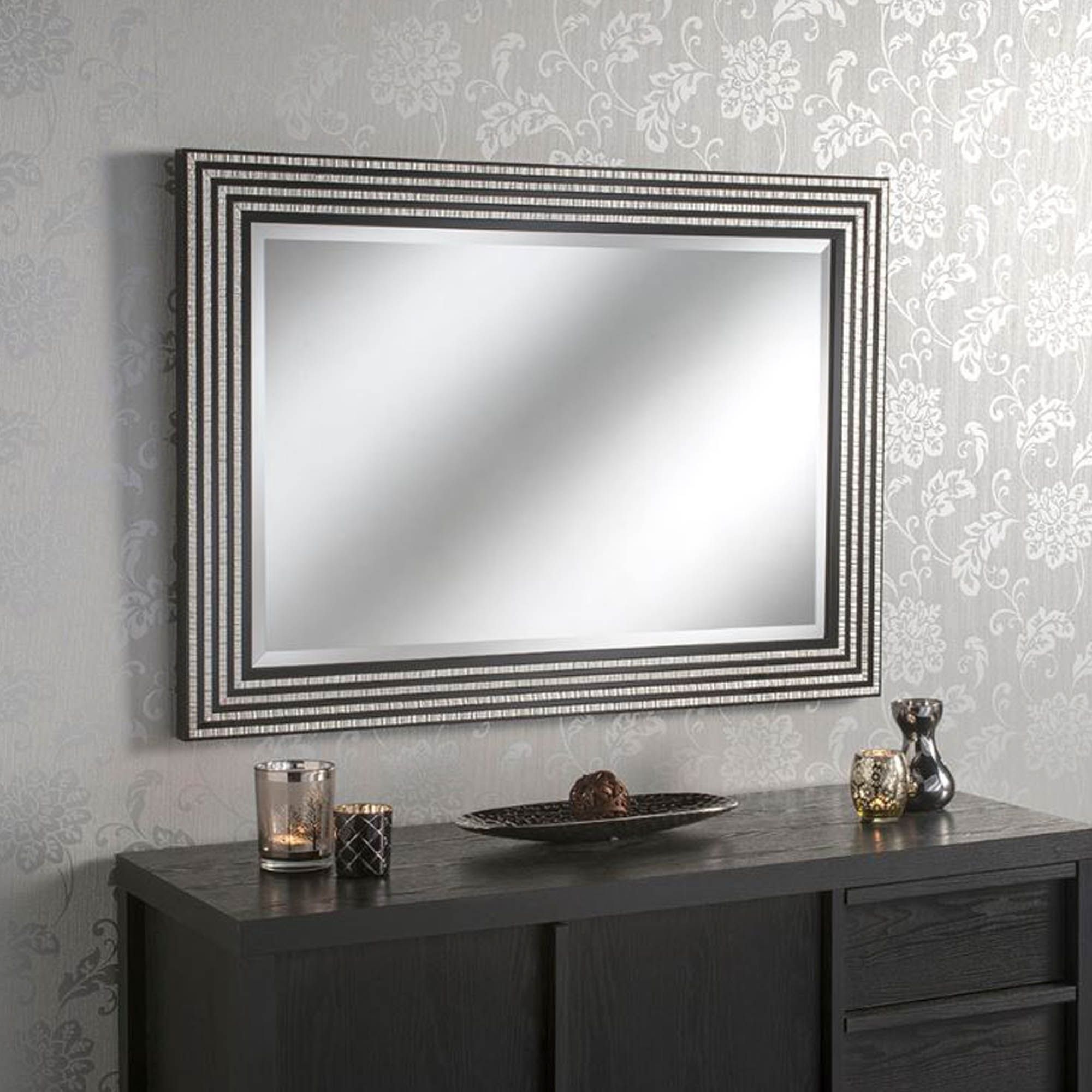 Black And Silver Line Rectangular Wall Mirror | Homesdirect365 With Regard To Black Wall Mirrors (View 3 of 15)