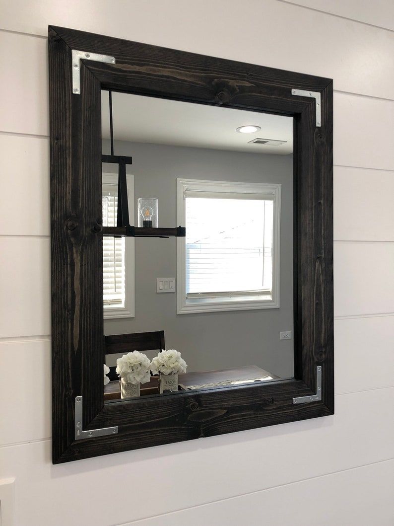 Black Mirror Wood Framed Mirror Rustic Wood Mirror Bathroom | Etsy Within Rustic Industrial Black Frame Wall Mirrors (View 5 of 15)