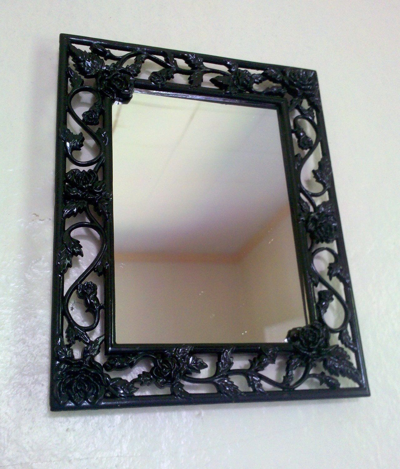 Black Roses Mirror Metal Frame In Glossy Black Throughout Glossy Red Wall Mirrors (View 5 of 15)