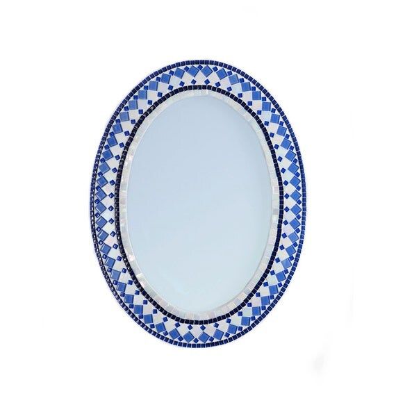 Blue And White Oval Mosaic Wall Mirror / Geometric Mirror Inside Mosaic Oval Wall Mirrors (View 13 of 15)