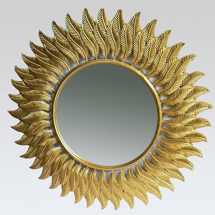 China Customized Golden Metal Feather Round Mirror Manufacturers Intended For Golden Voyage Round Wall Mirrors (View 3 of 15)