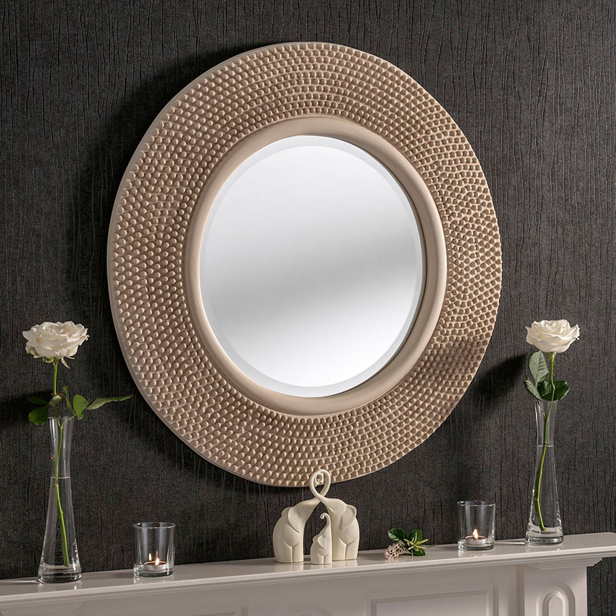 Circular Contemporary Ivory Studded Wall Mirror | Wall Mirrors With Round Grid Wall Mirrors (View 1 of 15)