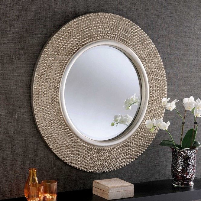 Circular Contemporary Silver Studded Wall Mirror | Wall Mirrors Intended For Silver Leaf Round Wall Mirrors (View 11 of 15)