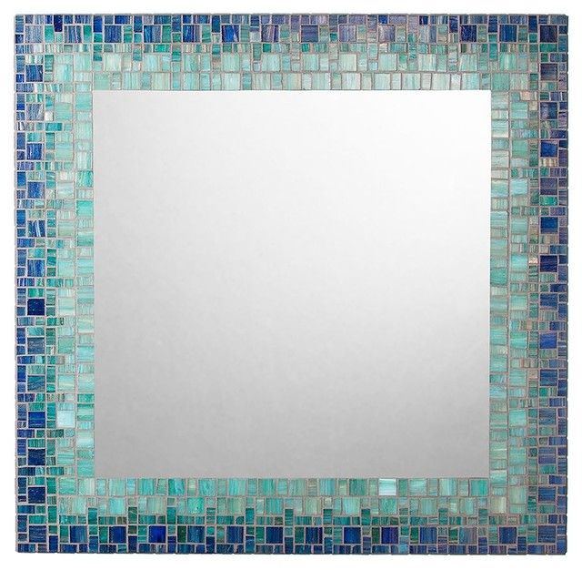 Coastal Mosaic Mirror, Deep Blue, Sea Green, Light Teal – Beach Style With Blue Green Wall Mirrors (View 7 of 15)