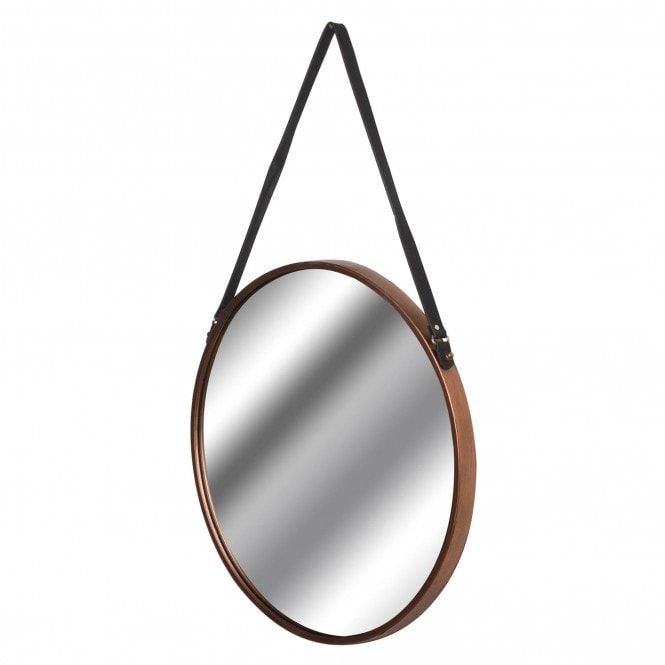 Copper Rimmed Round Hanging Wall Mirror With Black Strap | Round Mirrors With Round Scalloped Wall Mirrors (View 11 of 15)