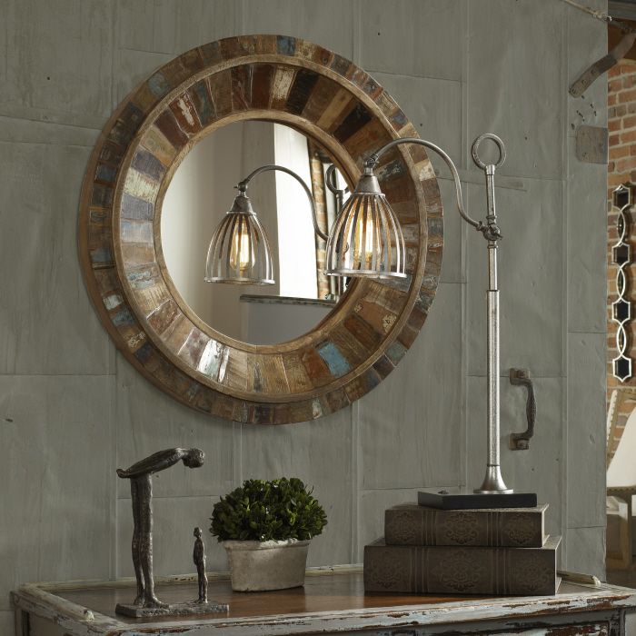 Country Farmhouse Round Reclaimed Wood Wall Mirror Large 32 Throughout Wood Rounded Side Rectangular Wall Mirrors (View 14 of 15)