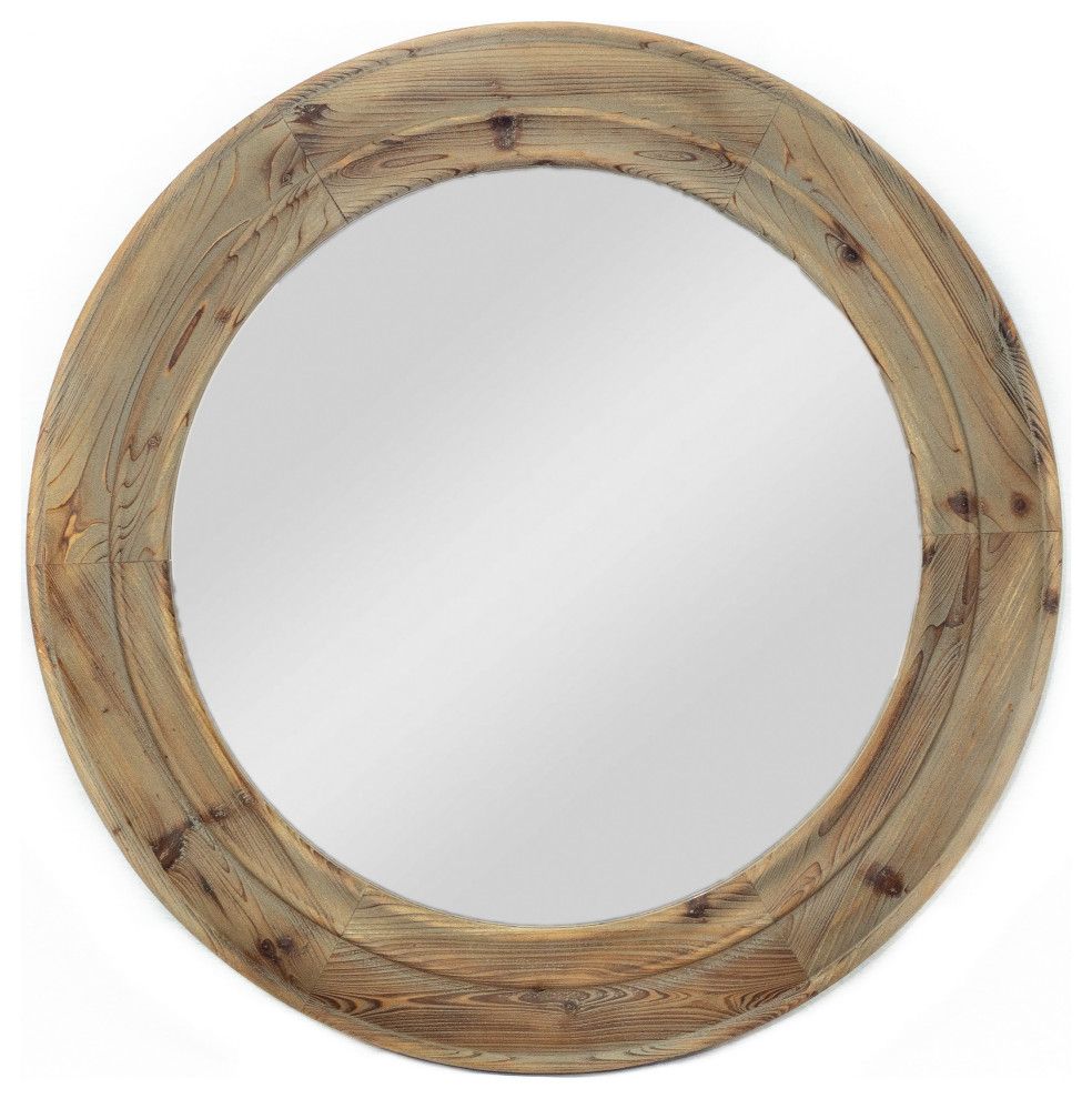 Decorative 34" Round Mirror With Wood Circle Frame, Rustic Wall Decor With Organic Natural Wood Round Wall Mirrors (View 15 of 15)