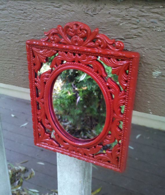 Decorative Wall Mirror In Bright Red Vintage Brass Frame | Etsy With Regard To Red Wall Mirrors (View 1 of 15)