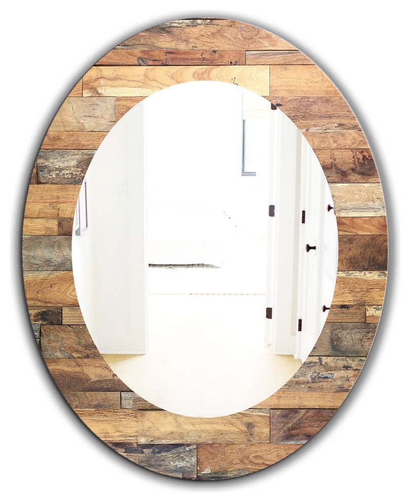 Designart Wood Iv Modern Frameless Oval Or Round Wall Mirror – Rustic Within Oval Frameless Led Wall Mirrors (View 14 of 15)