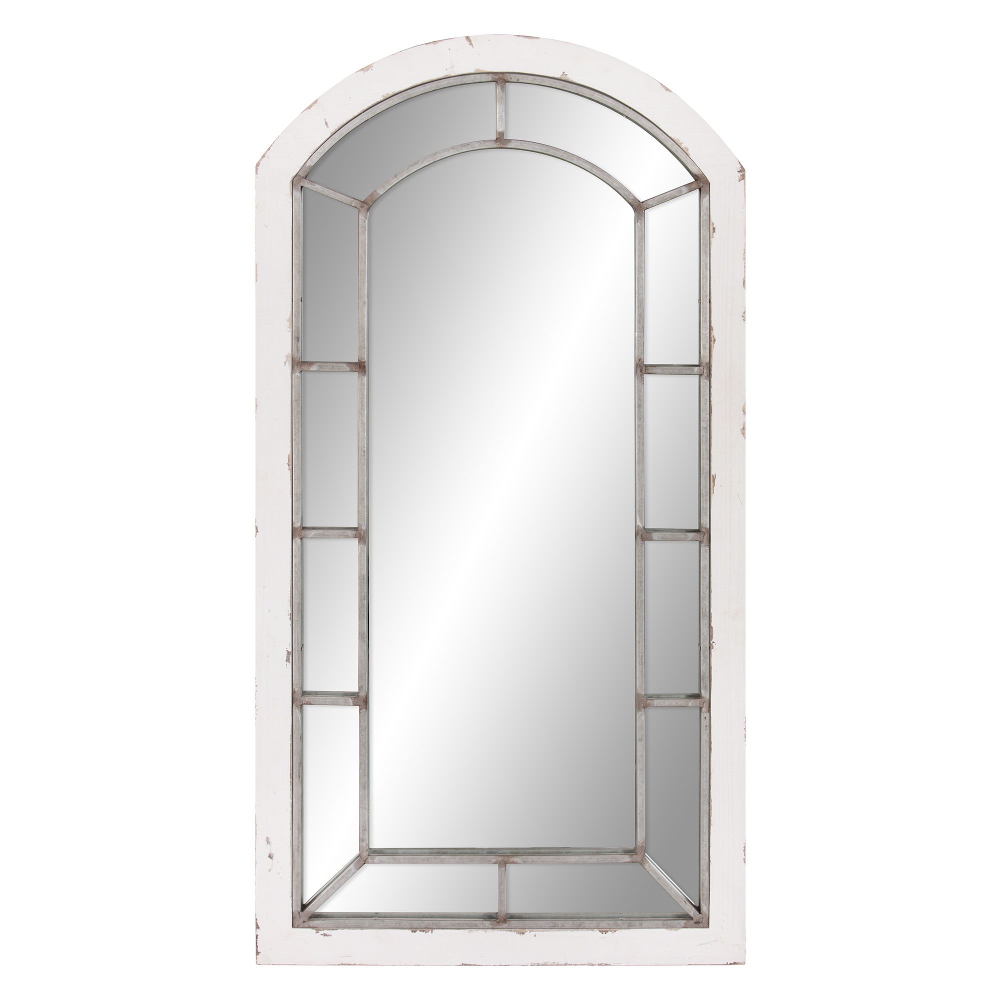 Distressed White And Antique Silver Arch Windowpane Wall Mirror 24"X44 Pertaining To Antiqued Silver Quatrefoil Wall Mirrors (View 14 of 15)