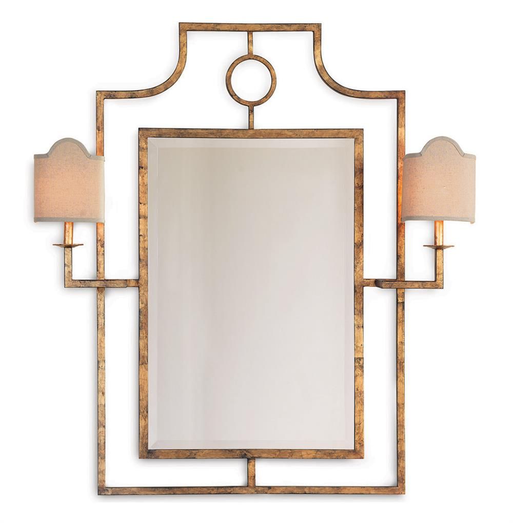 Doheny Hollywood Regency Bamboo Gold Leaf Wall Mirror With Sconces Pertaining To Gold Leaf Metal Wall Mirrors (View 2 of 15)