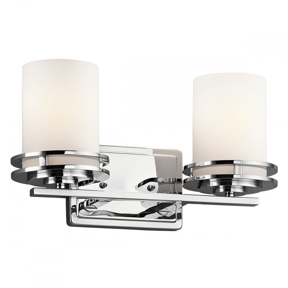 Double Bathroom Wall Light In Chrome With Satin Glass Shades, Ip44 Throughout Ceiling Hung Satin Chrome Wall Mirrors (View 8 of 15)