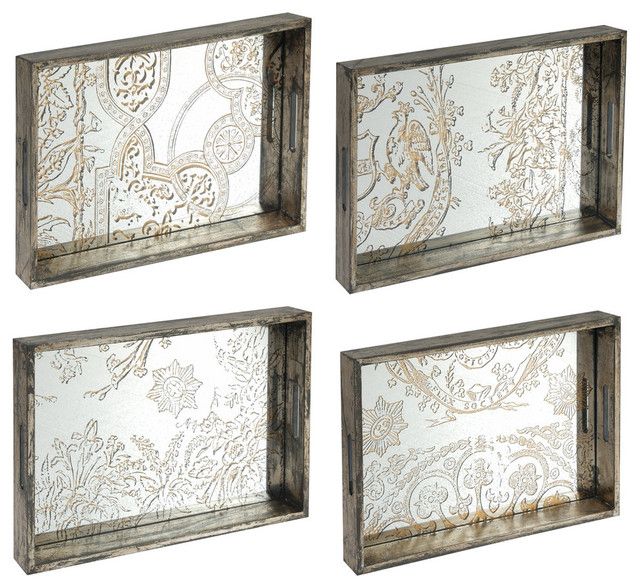 Etched Glass Mirror Serving Trays, 4 Piece Set – Transitional – Serving For Glass 4 Piece Wall Mirrors (View 10 of 15)