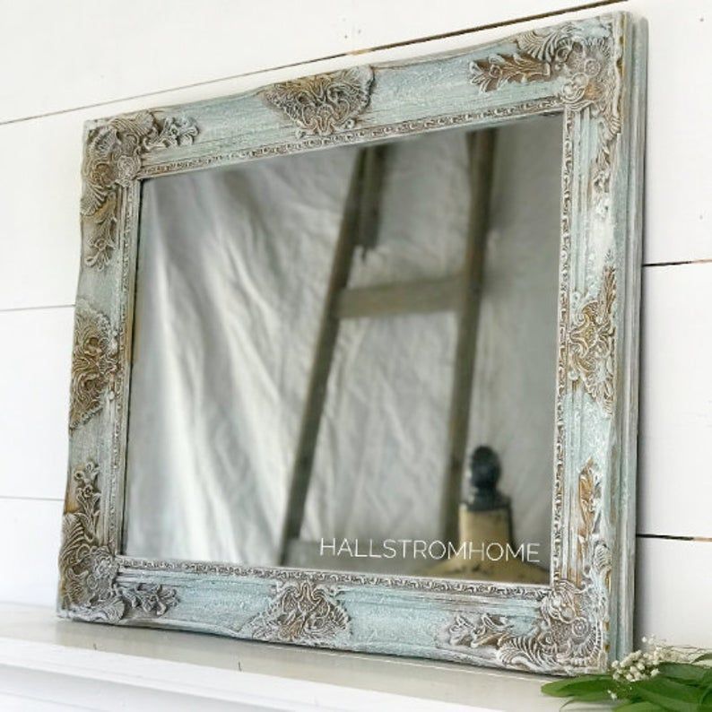 French Shabby Chic Wall Mirror/ Blue Wood Framed Bathroom | Etsy For Subtle Blues Art Glass Wall Mirrors (View 12 of 15)