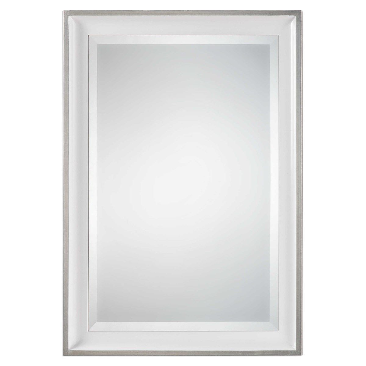 Gloss White With Silver Leaf Edge Vanity Mirror – On Backorder Until Pertaining To Glossy Blue Wall Mirrors (View 12 of 15)