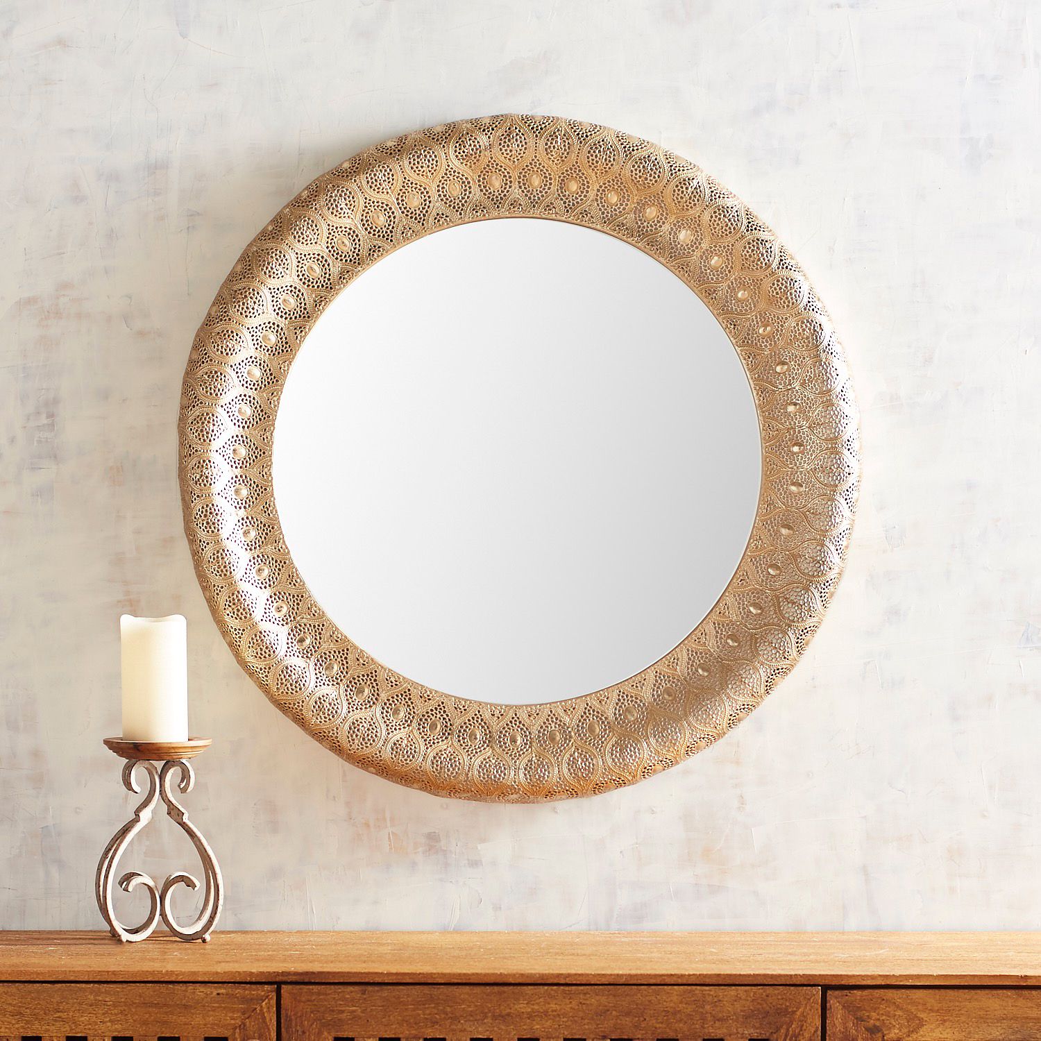 Golden Punched Metal 32" Round Mirror – Pier1 Within Rustic Black Round Oversized Mirrors (View 15 of 15)