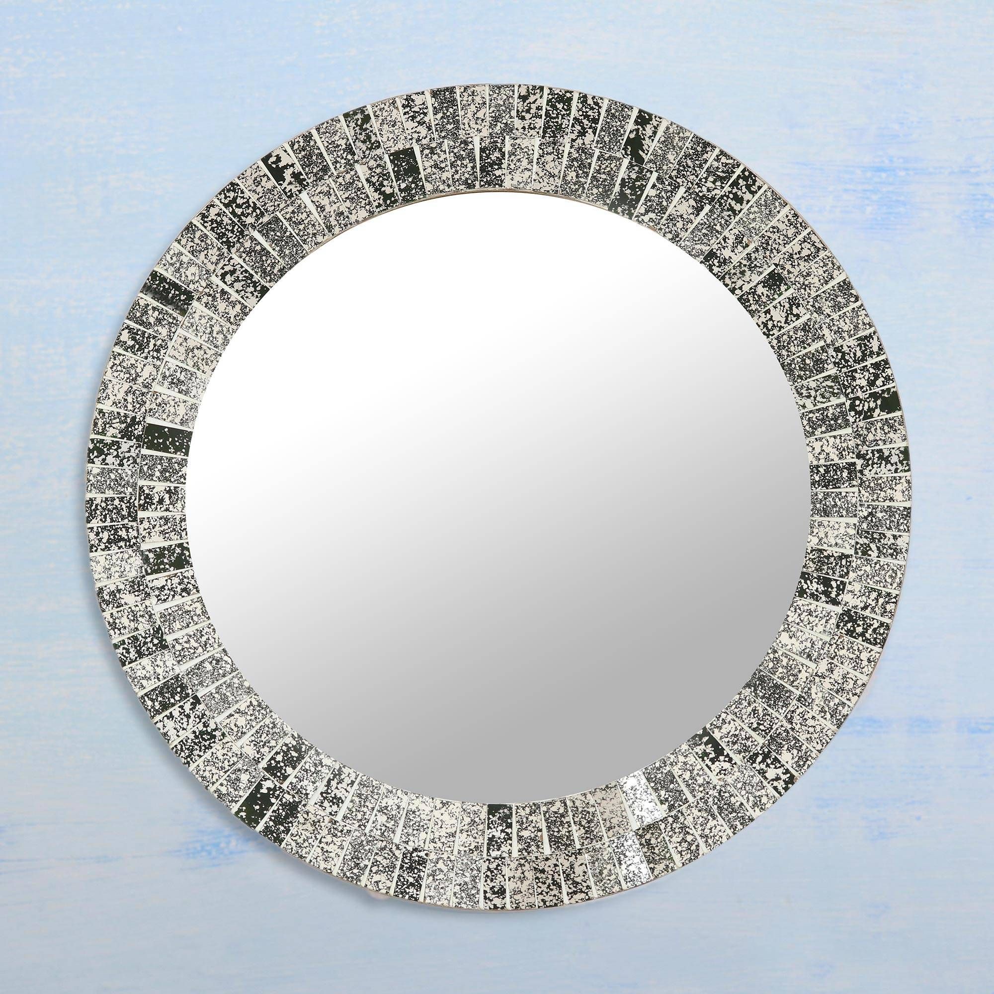 Hand Crafted Silver And Black Mosaic Tile Round Wall Mirror – Onyx Intended For Midnight Black Round Wall Mirrors (View 9 of 15)