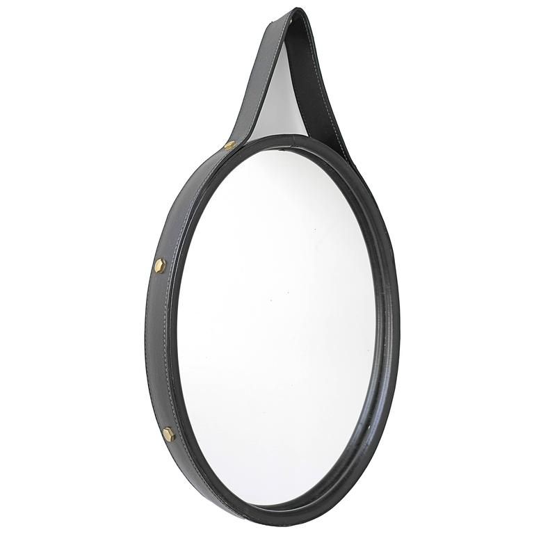 Hand Stitched Black Leather Oval Mirror, France, 1960S For Sale At 1Stdibs Intended For Black Leather Strap Wall Mirrors (View 10 of 15)