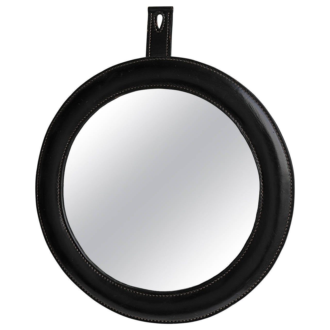 Hand Stitched Black Leather Wall Mirror In Style Of Jacques Adnet For With Regard To Black Leather Strap Wall Mirrors (View 12 of 15)