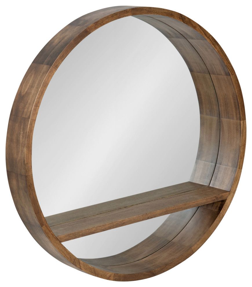Hutton Round Mirror With Shelf, Rustic Brown 30" Diameter For Organic Natural Wood Round Wall Mirrors (View 2 of 15)
