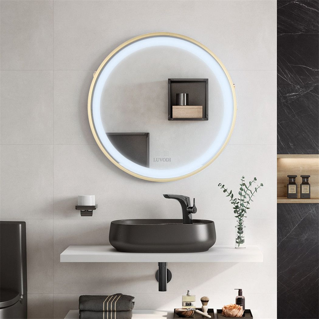 Industrial Round Bathroom Mirror Gold Frame Led Lighted Mirror Wall Regarding Led Backlit Vanity Mirrors (View 10 of 15)