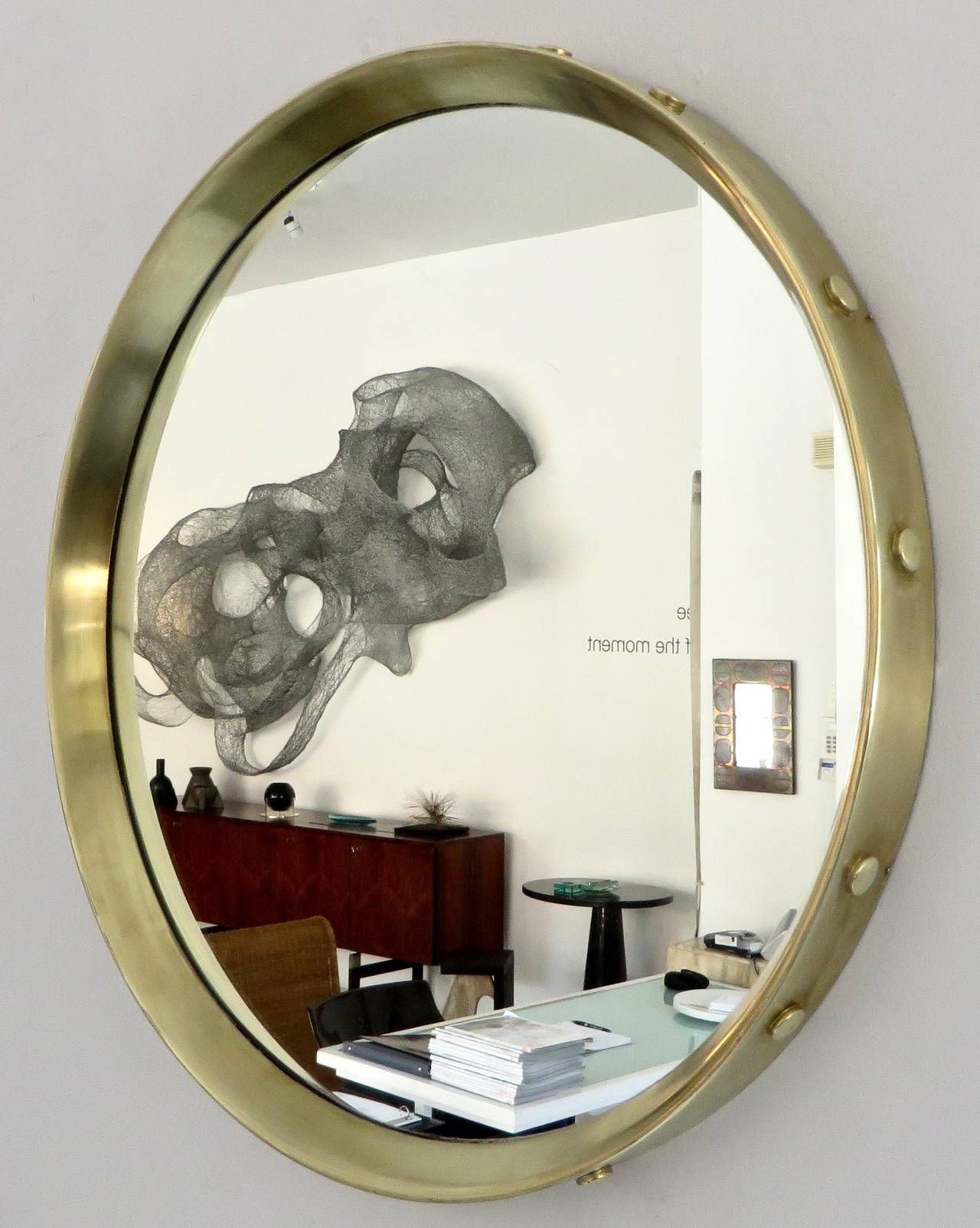 Italian Round Brass Framed Mirror With Decorative Buttons At 1Stdibs Intended For Uneven Round Framed Wall Mirrors (View 1 of 15)