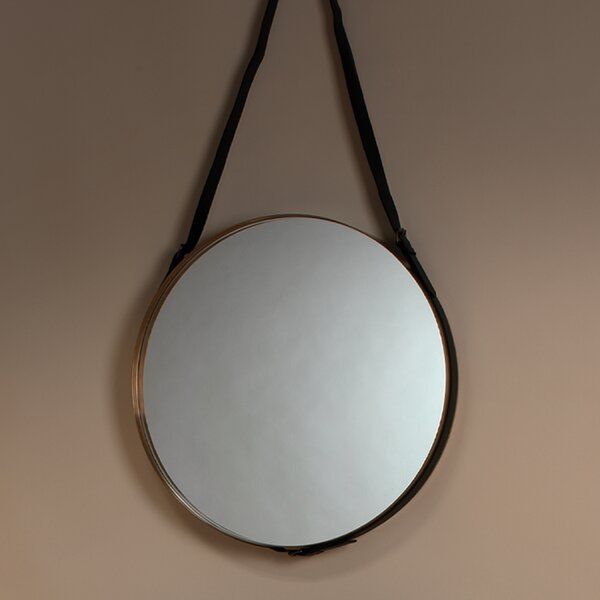 Jamie Young Company Large Round Mirror In Antique Brass & Black Leather In Black Leather Strap Wall Mirrors (View 13 of 15)