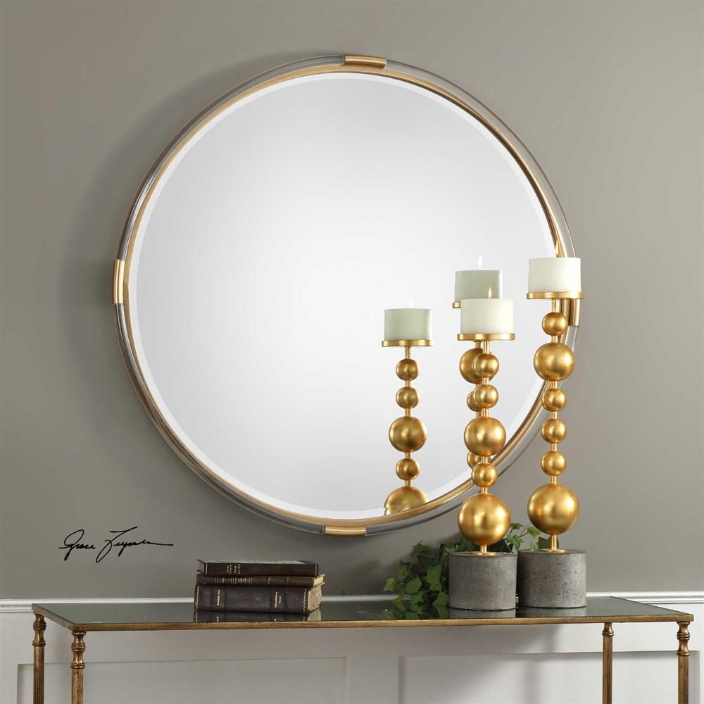 Jonah Modern Classic Gold Leaf Iron Round Beveled Acrylic Wall Mirror Intended For Gold Modern Luxe Wall Mirrors (View 8 of 15)
