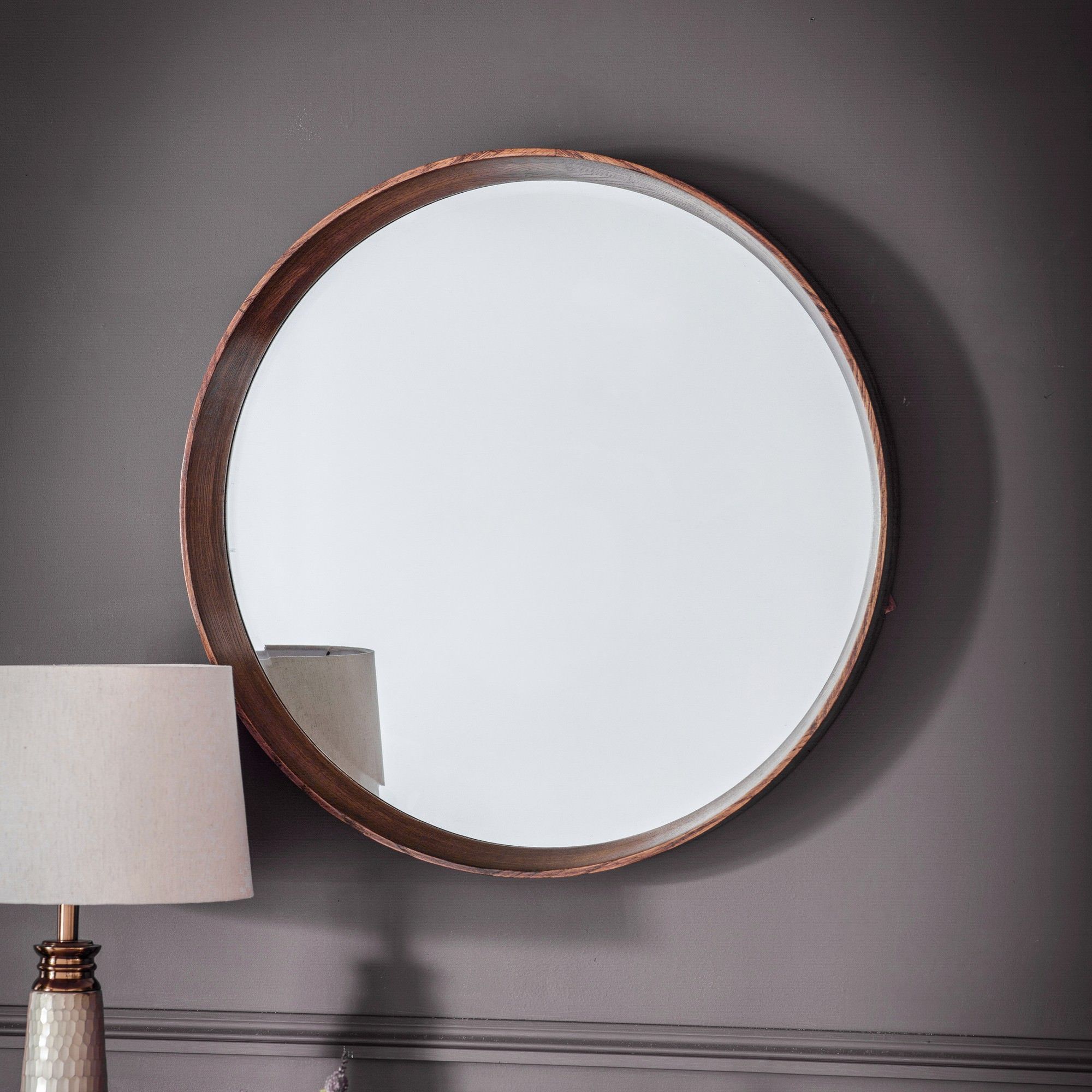 Kalem Wooden Frame Round Wall Mirror, 74Cm, Walnut For Round Stacked Wall Mirrors (View 5 of 15)
