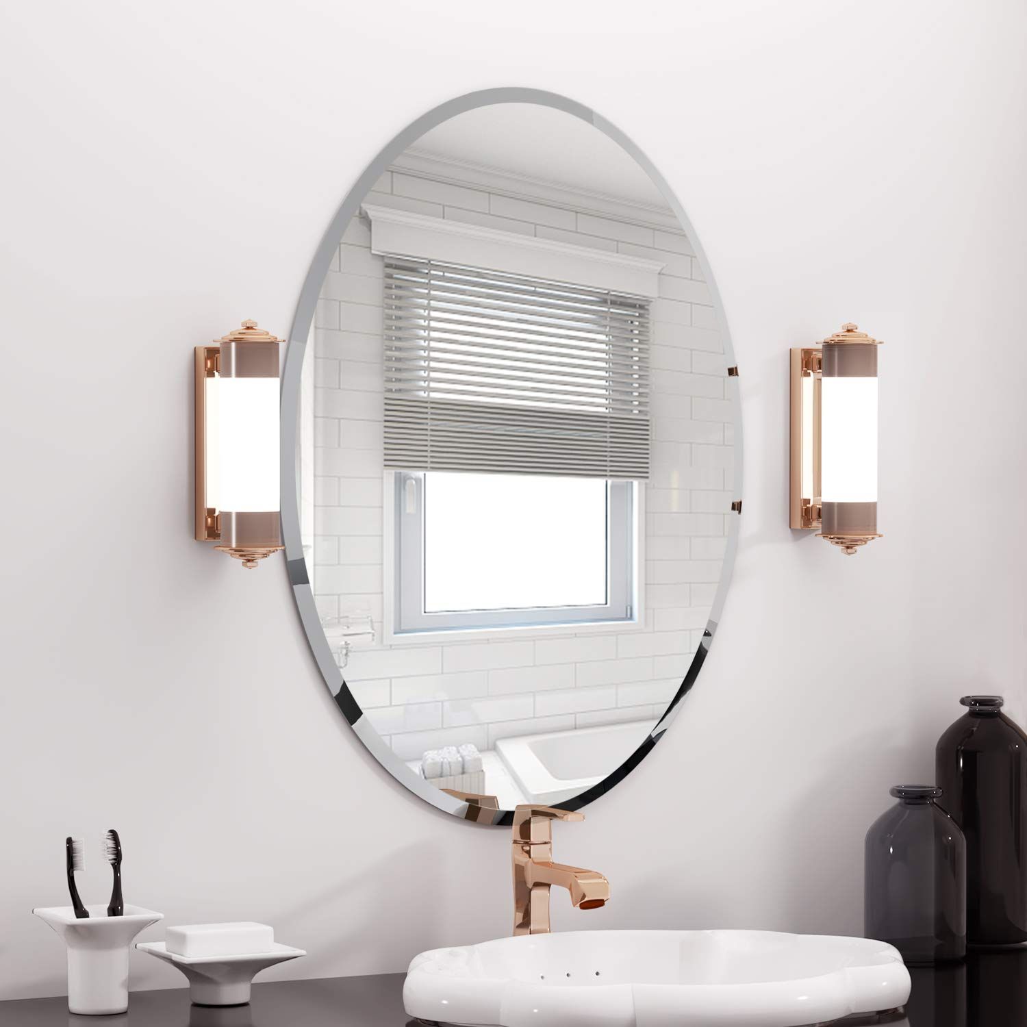 Kohros Oval Beveled Polished Frameless Wall Mirror For Bathroom For Crown Frameless Beveled Wall Mirrors (View 4 of 15)