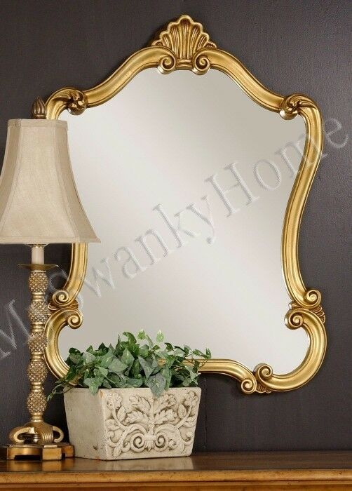 Large 35" Antique Gold Shaped Vanity Mirror Neiman Marcus Wall With Regard To Antique Gold Leaf Round Oversized Wall Mirrors (View 8 of 15)