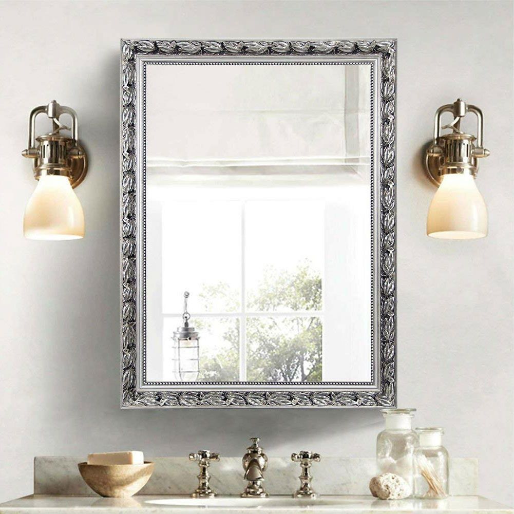 Large 38 X 26 Inch Bathroom Wall Mirror With Baroque Style Silver Wood Pertaining To Silver Asymmetrical Wall Mirrors (View 9 of 15)