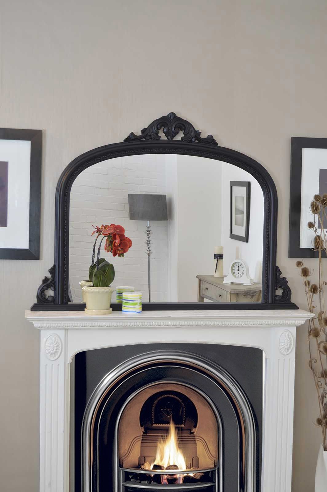 Large Antique Style Arched Black Overmantle Wall Mirror Wood 4Ft2 X 3Ft For Black Wall Mirrors (View 11 of 15)