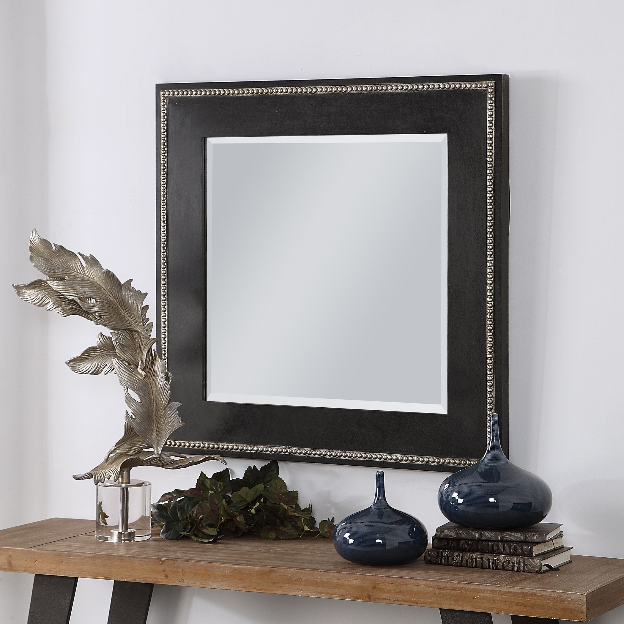 Large Black Square Beveled Wall Mirror Contemporary Style Traditional Intended For Black Wall Mirrors (View 6 of 15)