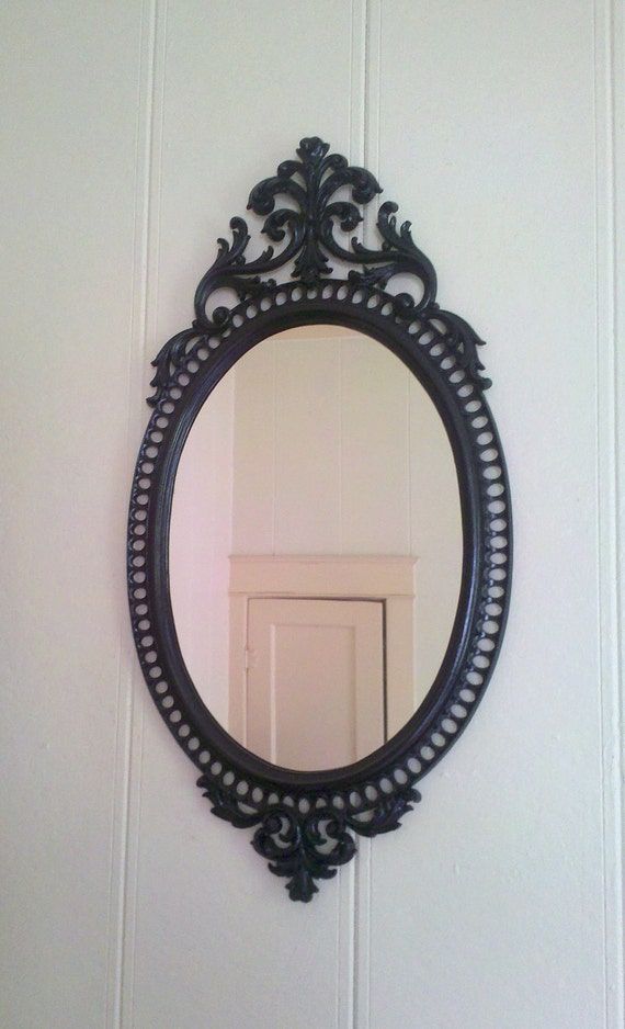 Large Ornate Oval Wall Mirror In Glossy Black Frame 31 X 16 Pertaining To Black Oval Cut Wall Mirrors (View 11 of 15)