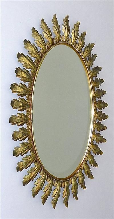 Large Oval Midcentury Floral Leaf Starburst Sunburst Brass Wall Mirror With Regard To Brass Sunburst Wall Mirrors (View 13 of 15)