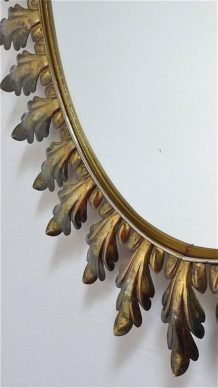 Large Oval Midcentury Floral Leaf Starburst Sunburst Brass Wall Mirror With Regard To Brass Sunburst Wall Mirrors (View 11 of 15)