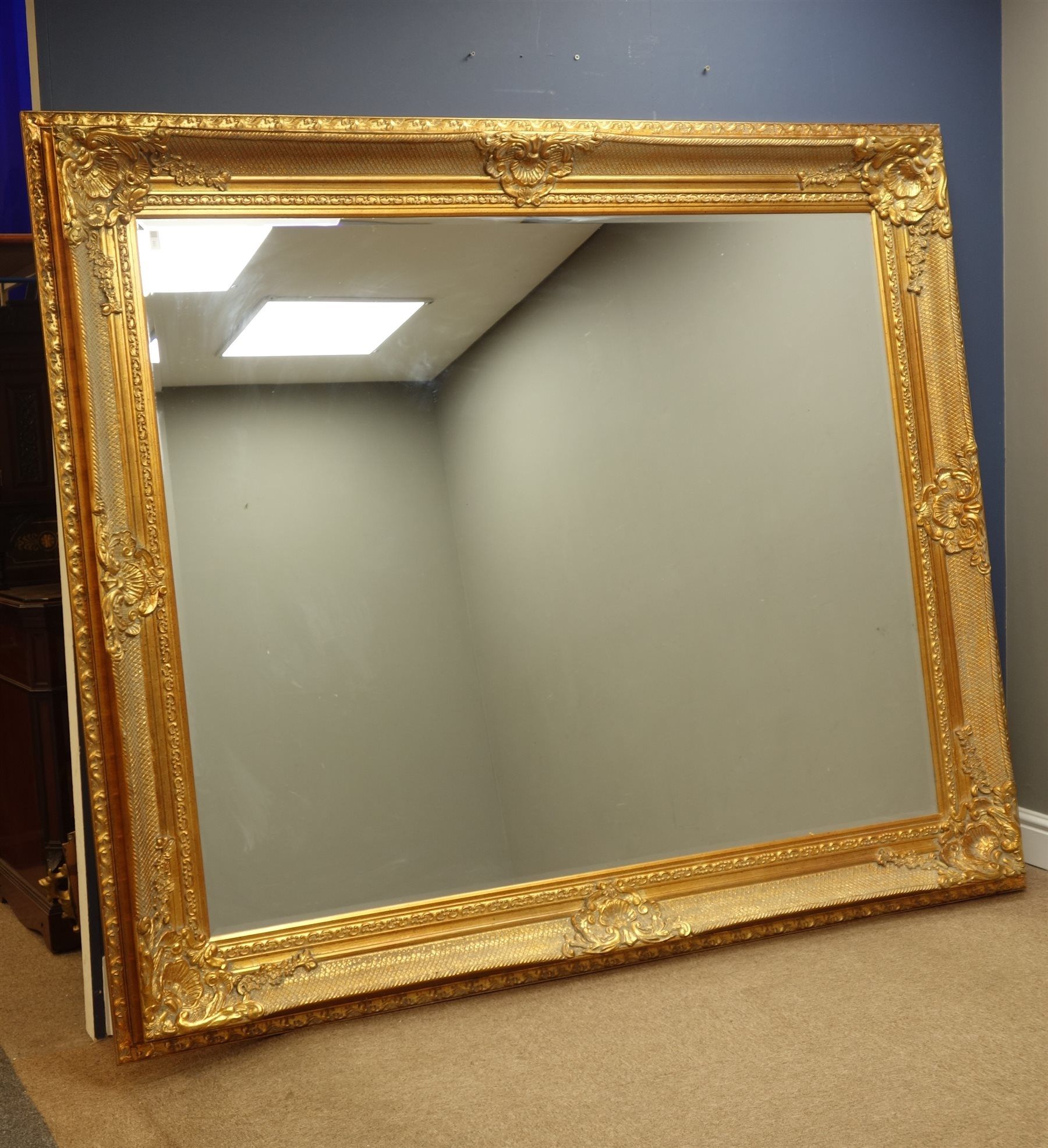 Large Rectangular Bevelled Edge Wall Mirror In Ornate Swept Gilt Frame Pertaining To Edged Wall Mirrors (View 3 of 15)