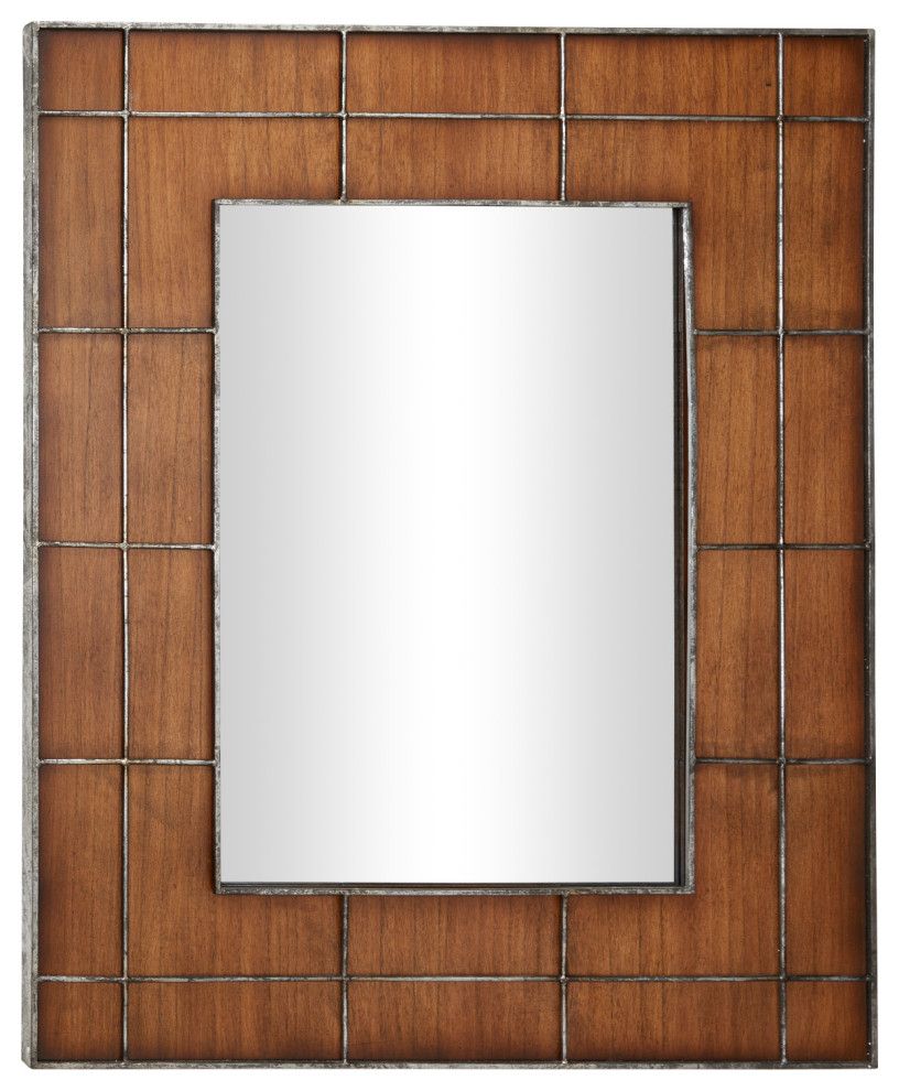 Large Rectangular Golden Brown Wood Wall Mirror With Metal Grid Overlay Within Chestnut Brown Wall Mirrors (View 4 of 15)