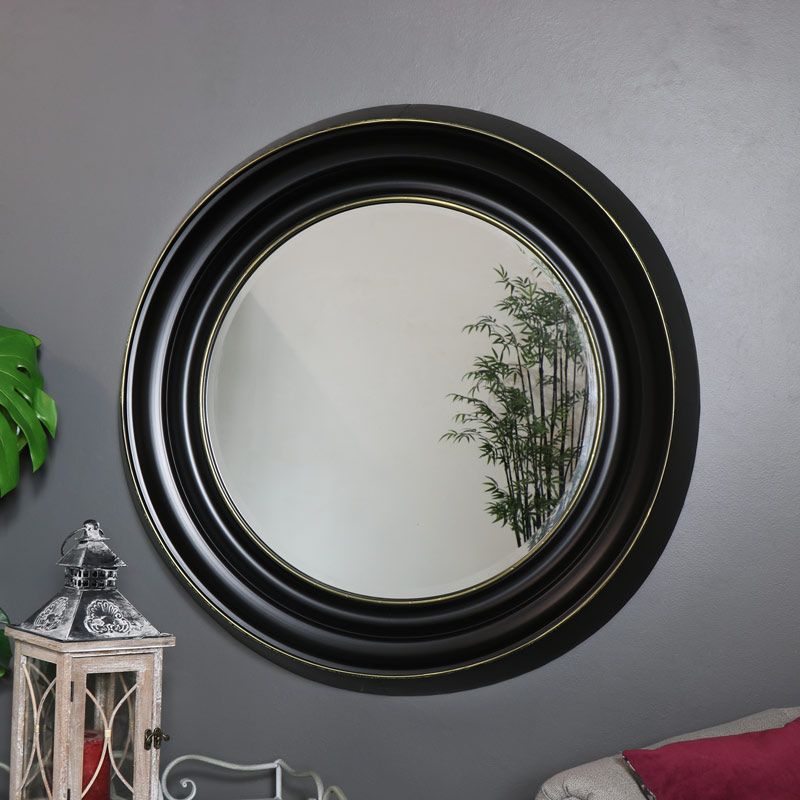 Large Round Black Metal Framed Wall Mirror Retro Industrial Living Room Intended For Scalloped Round Wall Mirrors (View 11 of 15)