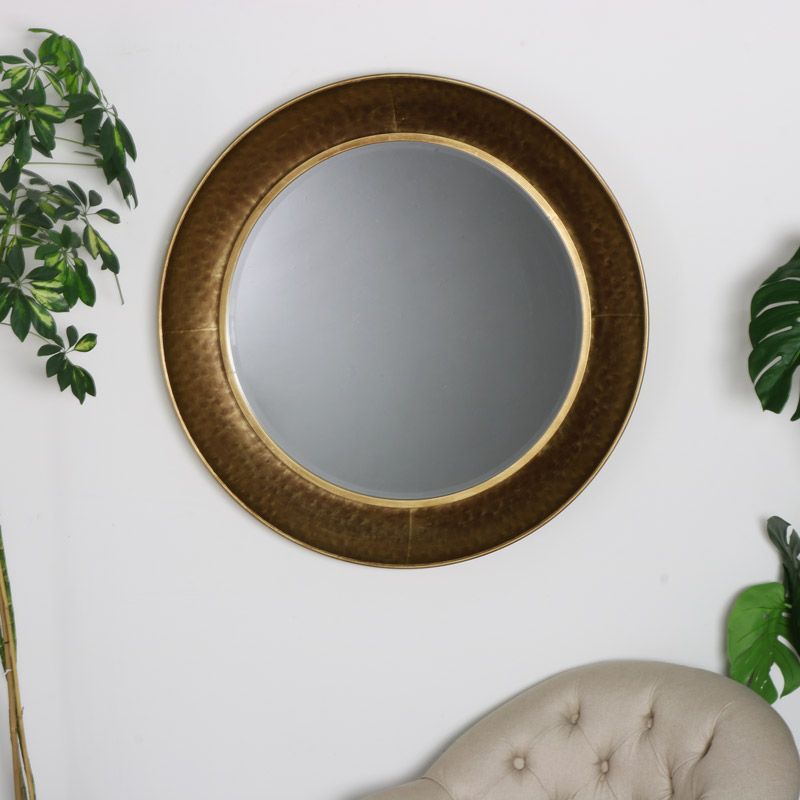 Large Round Gold Hammered Rim Wall Mirror – Melody Maison® Pertaining To Gold Black Rounded Edge Wall Mirrors (View 9 of 15)