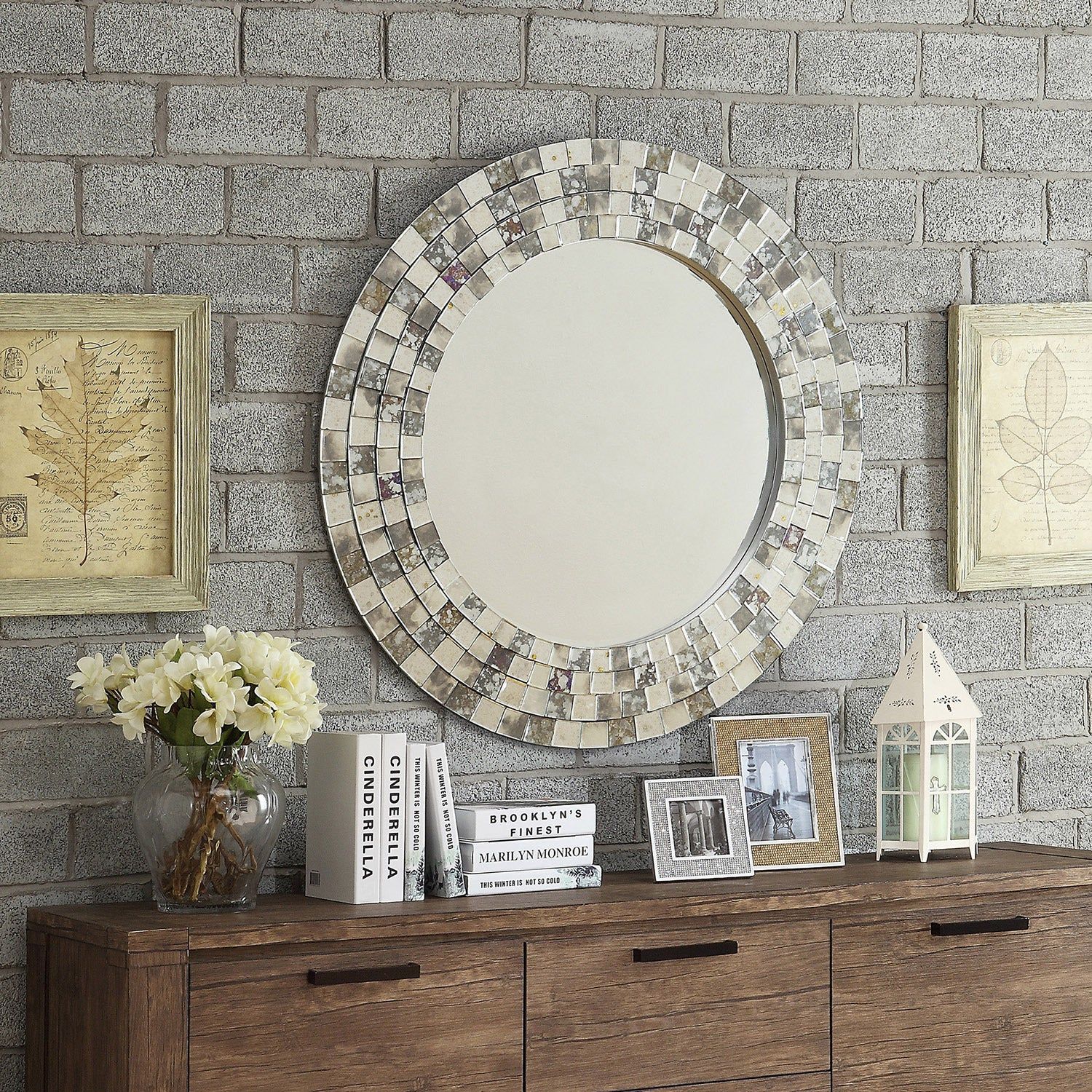 Large Round Mosaic Wall Mirror Gray/Silver/Brown Beveled Mottled Glam Within Scalloped Round Wall Mirrors (View 12 of 15)