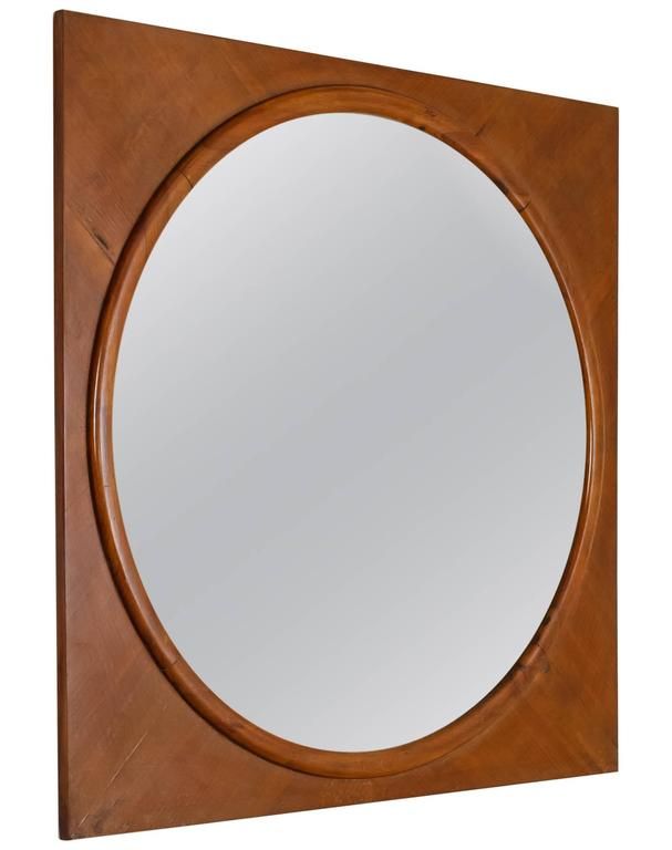 Large Round Wall Mirror In Square Walnut Frame, Italy, 1940S For Sale Throughout Uneven Round Framed Wall Mirrors (View 9 of 15)