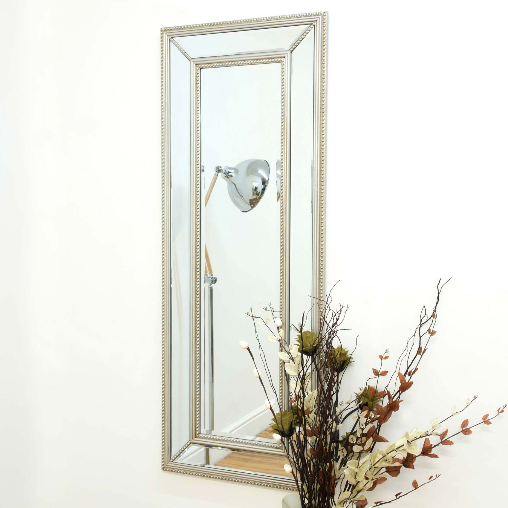 Large Silver Beaded Edge Modern All Glass Wall Mirror 4Ft11 X 1Ft11 With Regard To Edged Wall Mirrors (View 9 of 15)