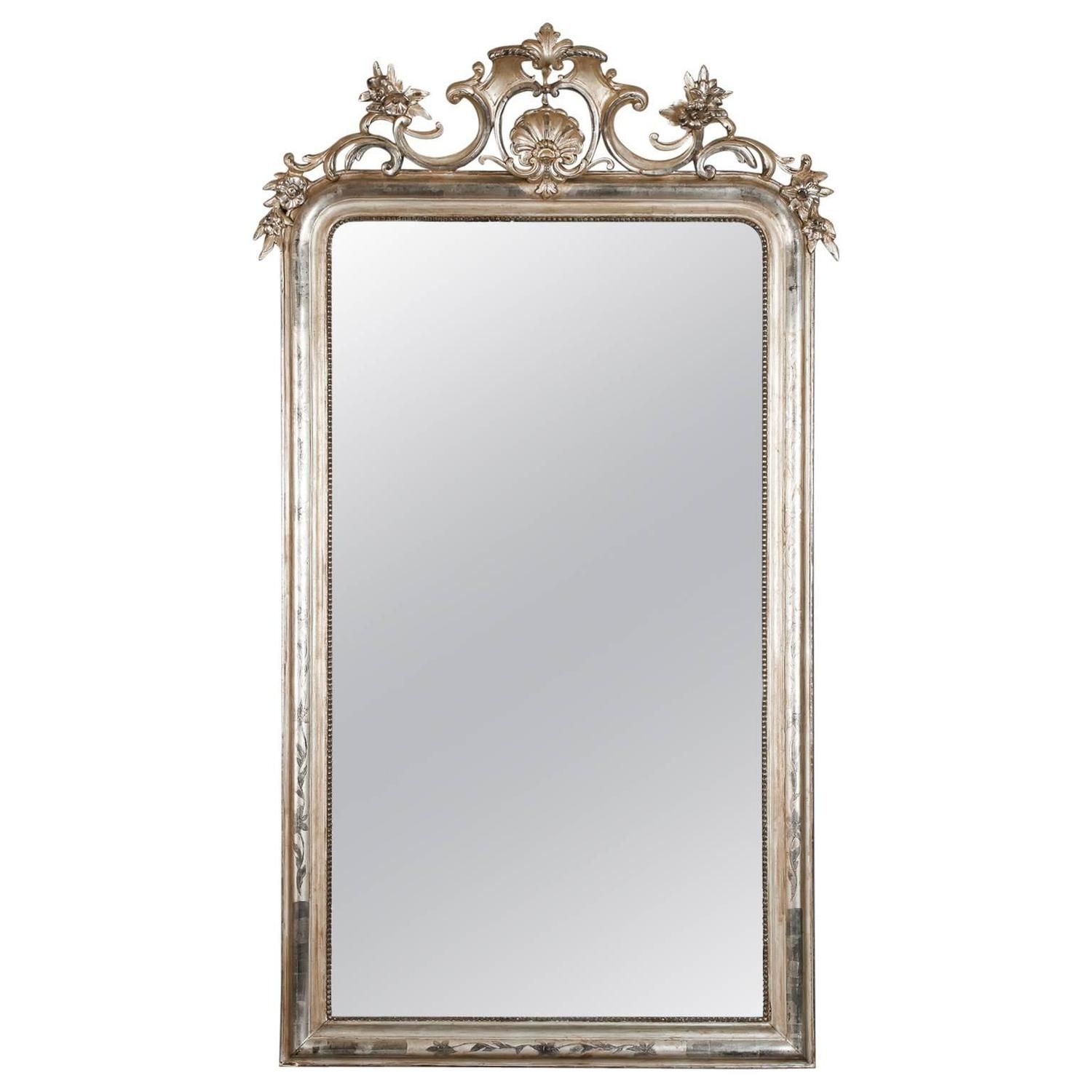 Large Silver Leaf Louis Philippe Mirror With Elaborate Crown And Beaded Intended For Glam Silver Leaf Beaded Wall Mirrors (View 2 of 15)