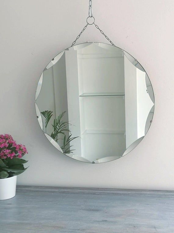 Large Sparkling Vintage Round Mirror With Scalloped Edge & | Etsy Inside Polygonal Scalloped Frameless Wall Mirrors (View 10 of 15)