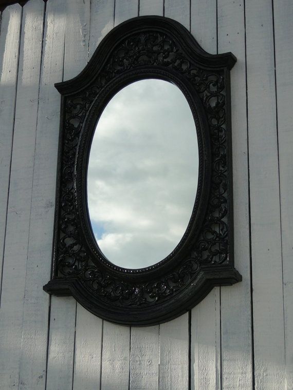 Large Vintage Ornate Baroque Oval Mirror In Glossy Black Gothic Intended For Glossy Black Wall Mirrors (View 1 of 15)